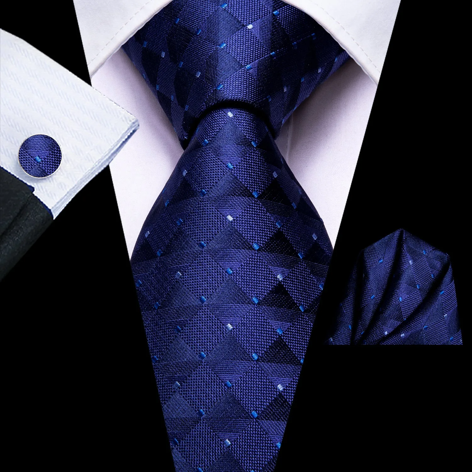 Hi-Tie Royal Blue Plaid Silk Men's Necktie Pocket Square Cufflinks Set