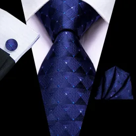 Hi-Tie Royal Blue Plaid Silk Men's Necktie Pocket Square Cufflinks Set