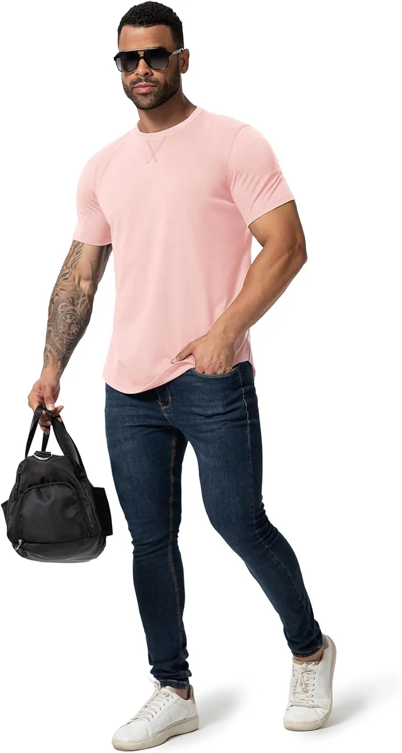 Mens 3 Pack Plain Cotton Shirts Short Sleeve Casual Crew Neck T-Shirts Hipster Hip Hop Longline Tees Drop Cut Curved Hem
