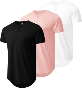 Mens 3 Pack Plain Cotton Shirts Short Sleeve Casual Crew Neck T-Shirts Hipster Hip Hop Longline Tees Drop Cut Curved Hem