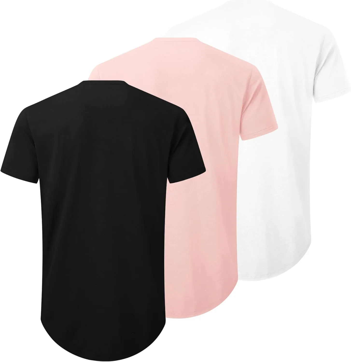 Mens 3 Pack Plain Cotton Shirts Short Sleeve Casual Crew Neck T-Shirts Hipster Hip Hop Longline Tees Drop Cut Curved Hem