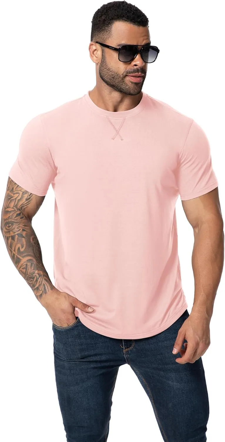 Mens 3 Pack Plain Cotton Shirts Short Sleeve Casual Crew Neck T-Shirts Hipster Hip Hop Longline Tees Drop Cut Curved Hem