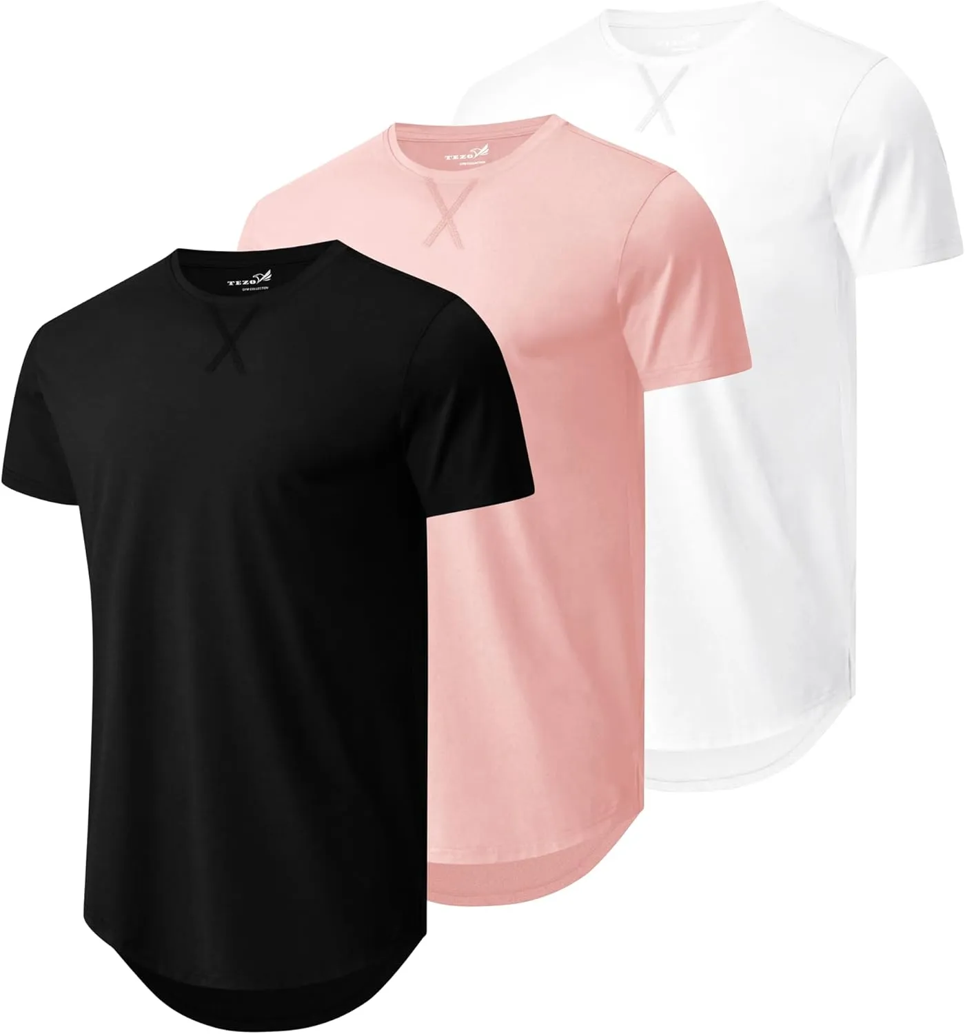 Mens 3 Pack Plain Cotton Shirts Short Sleeve Casual Crew Neck T-Shirts Hipster Hip Hop Longline Tees Drop Cut Curved Hem
