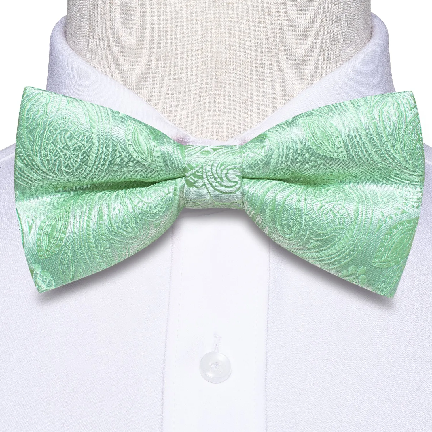 Mint Green Paisley Pre-tied Bow Tie Hanky Cufflinks Set