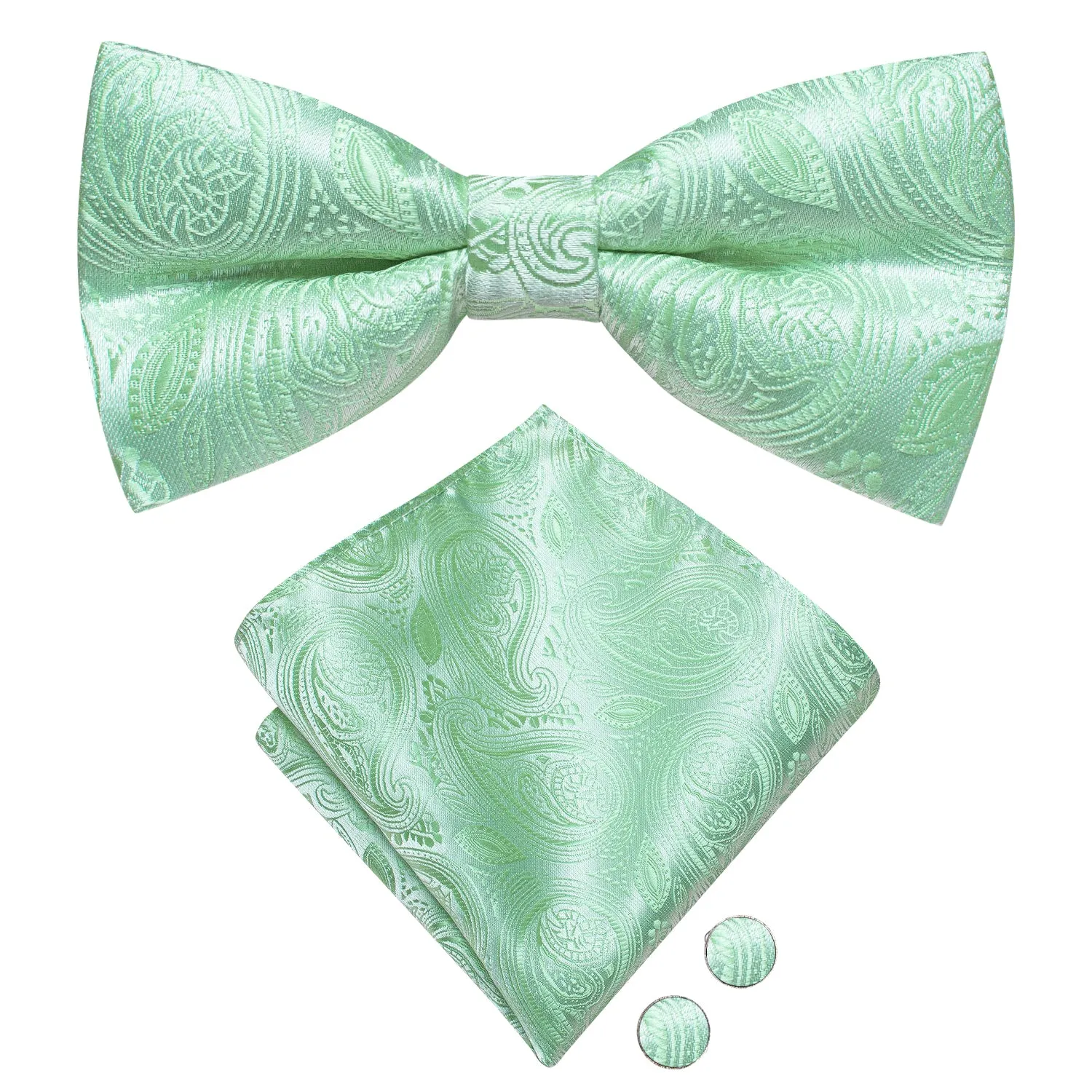 Mint Green Paisley Pre-tied Bow Tie Hanky Cufflinks Set