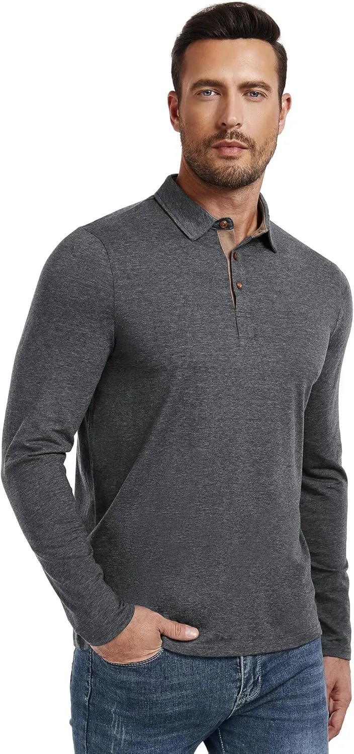 PEGENO Mens Polo Short/Long Sleeve Shirt Classic Button Basic Solid Color Designed Collared Polo Shirt Fashion Casual Shirts