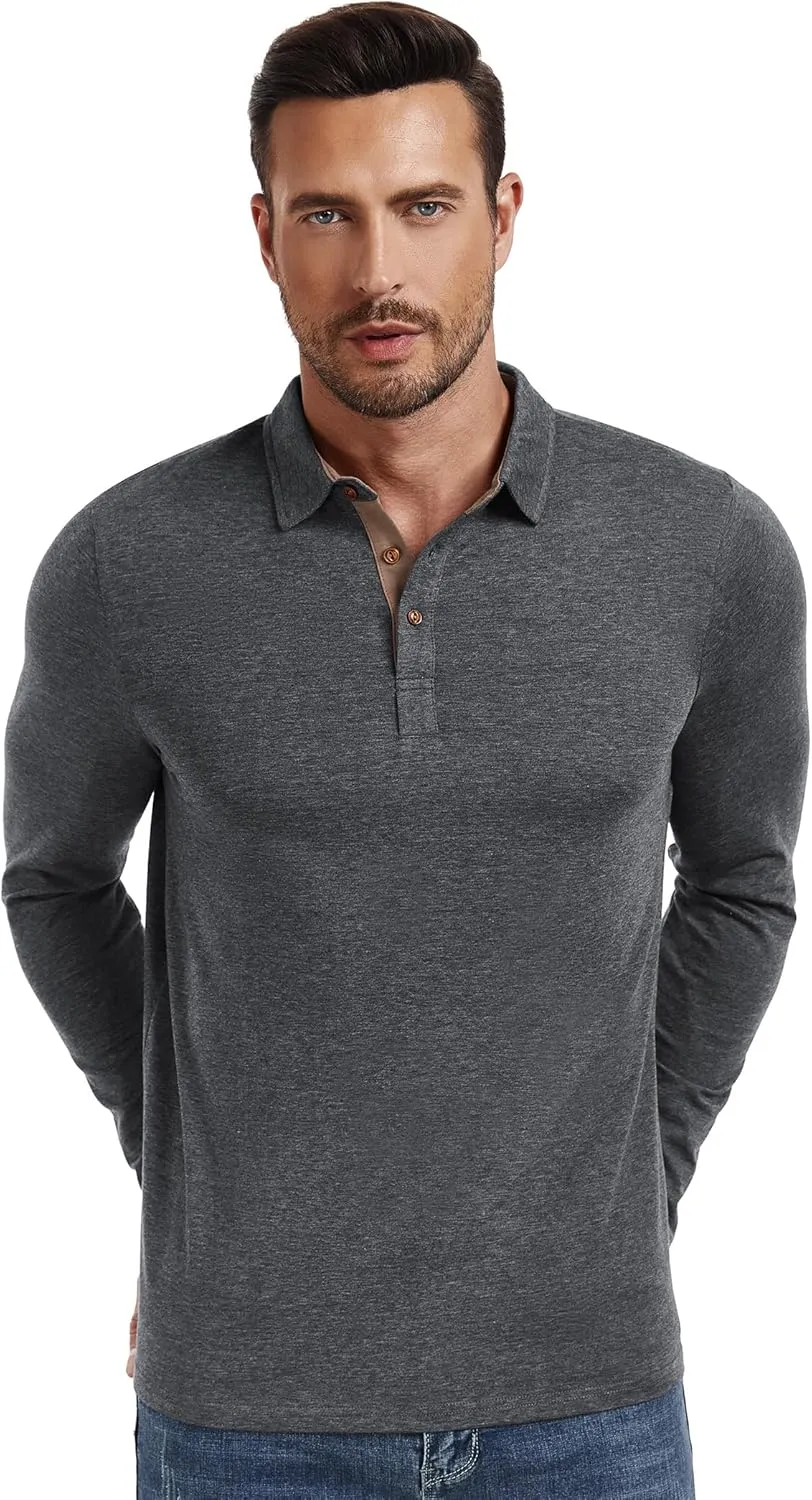 PEGENO Mens Polo Short/Long Sleeve Shirt Classic Button Basic Solid Color Designed Collared Polo Shirt Fashion Casual Shirts