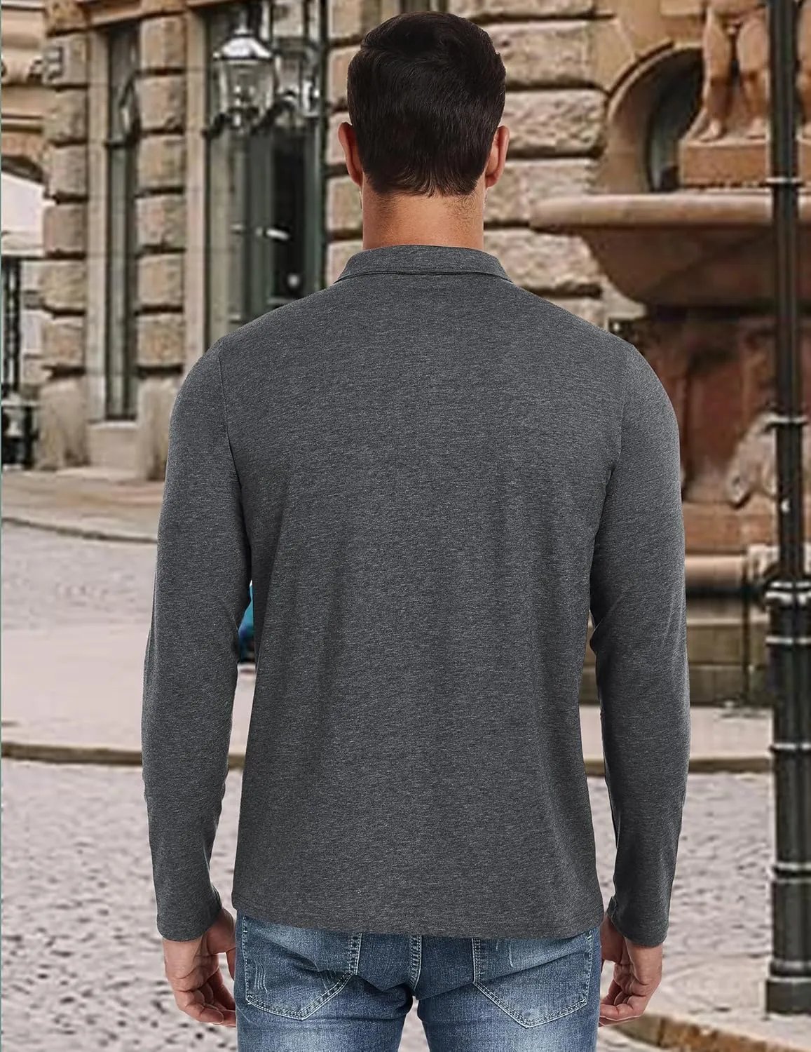 PEGENO Mens Polo Short/Long Sleeve Shirt Classic Button Basic Solid Color Designed Collared Polo Shirt Fashion Casual Shirts
