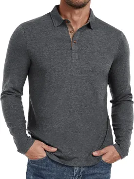 PEGENO Mens Polo Short/Long Sleeve Shirt Classic Button Basic Solid Color Designed Collared Polo Shirt Fashion Casual Shirts