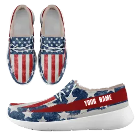 Personalized USA Flag Sneakers, Custom Stars and Stripes Loafer Shoes, Fur Lining Shoe, Pride in Comfort,FN042-24020304-4w