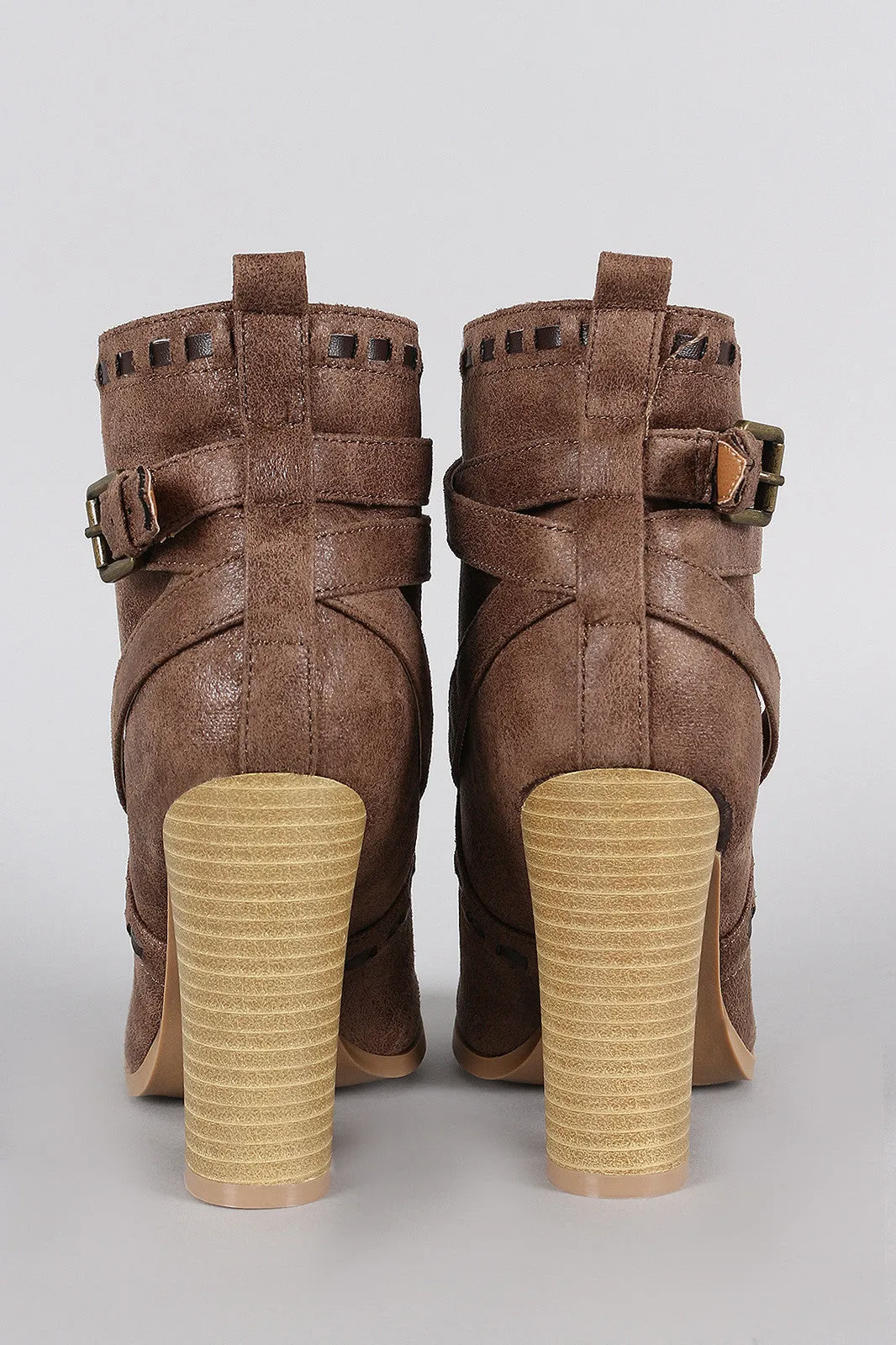 Qupid Distressed Strappy Stitched Thick Heeled Ankle Boots