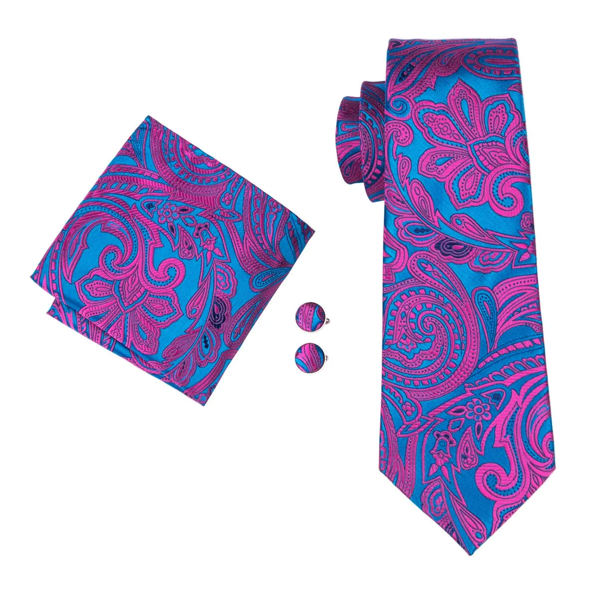Red Blue Paisley Tie Pocket Square Cufflinks Set Gift Box Set
