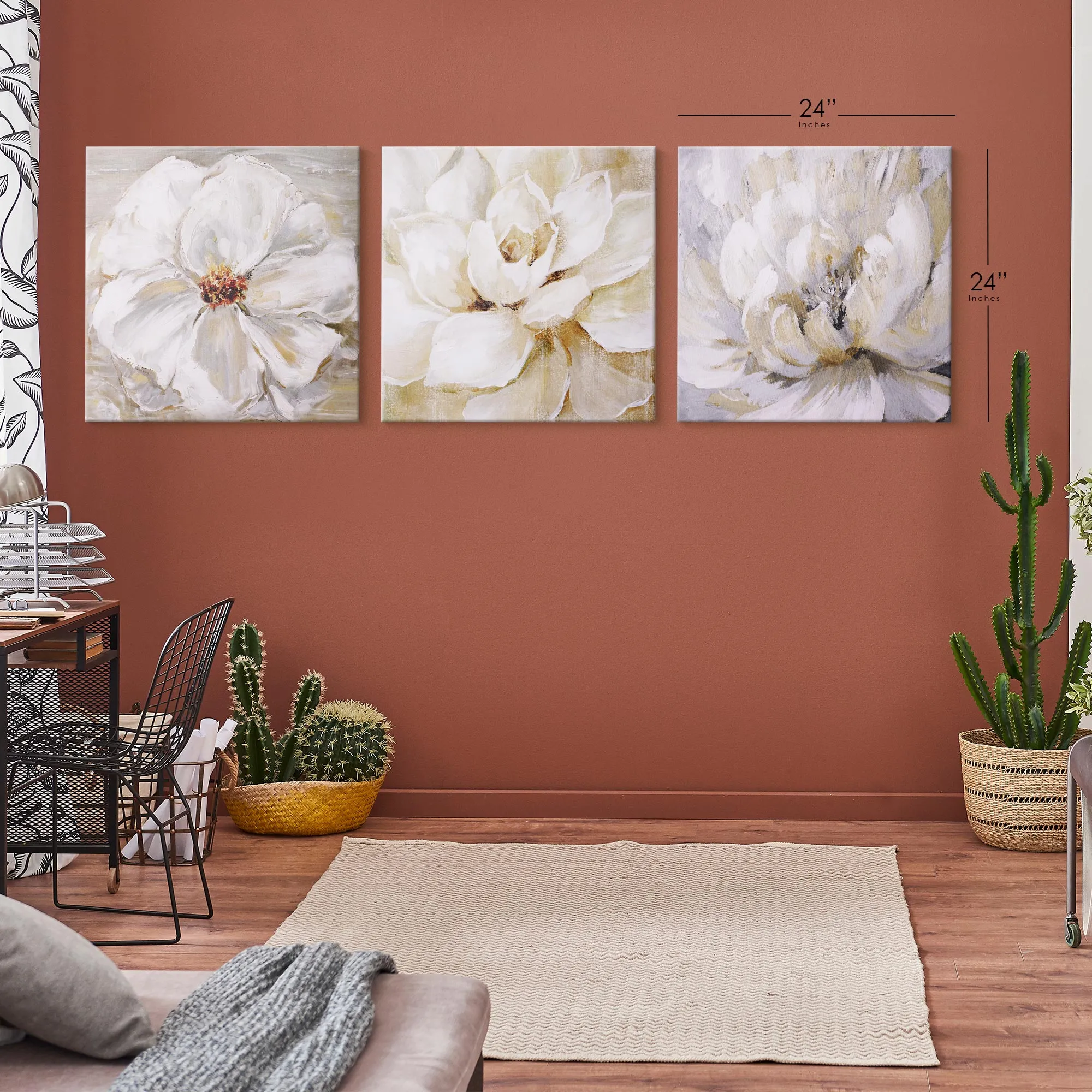 White Floral Canvas Wall Art Print Set of 3 - 20" x 20"